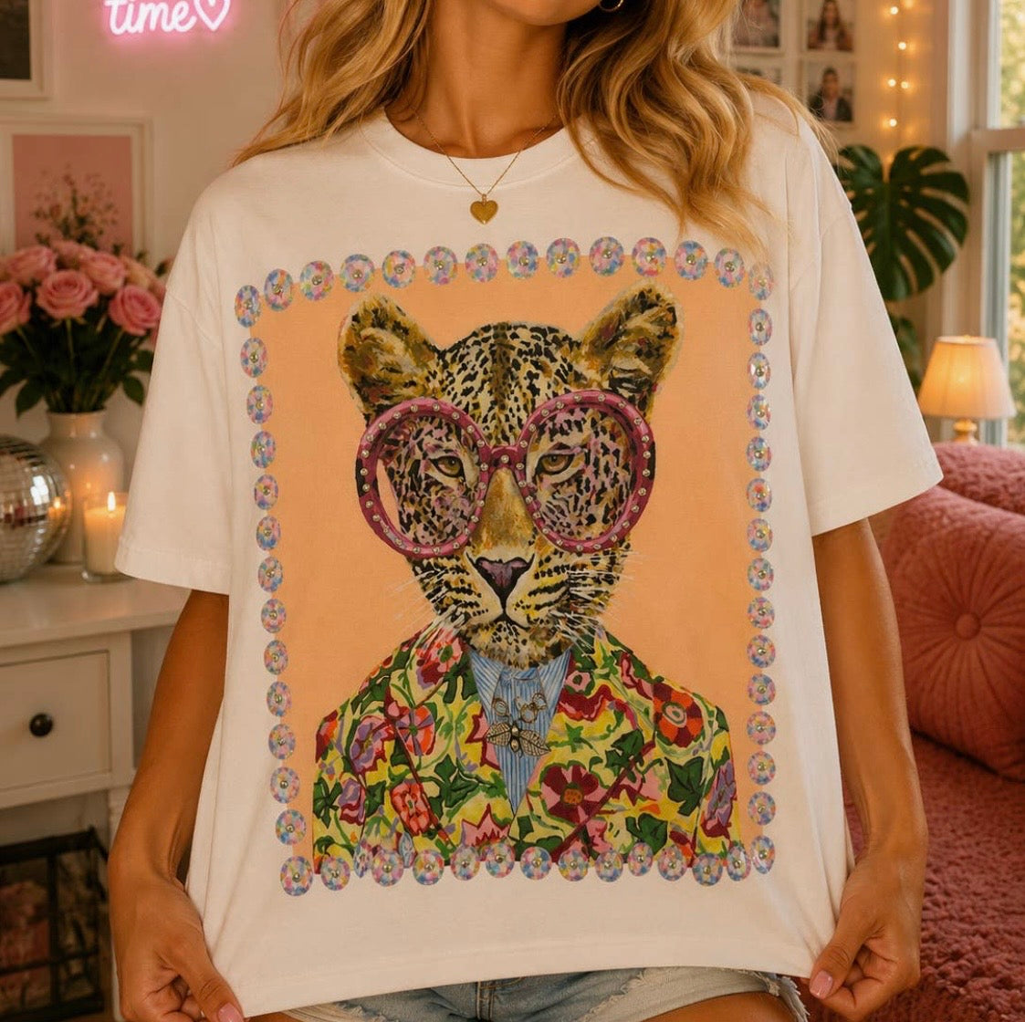 Cheetah in a Suit Rhinestone Tee