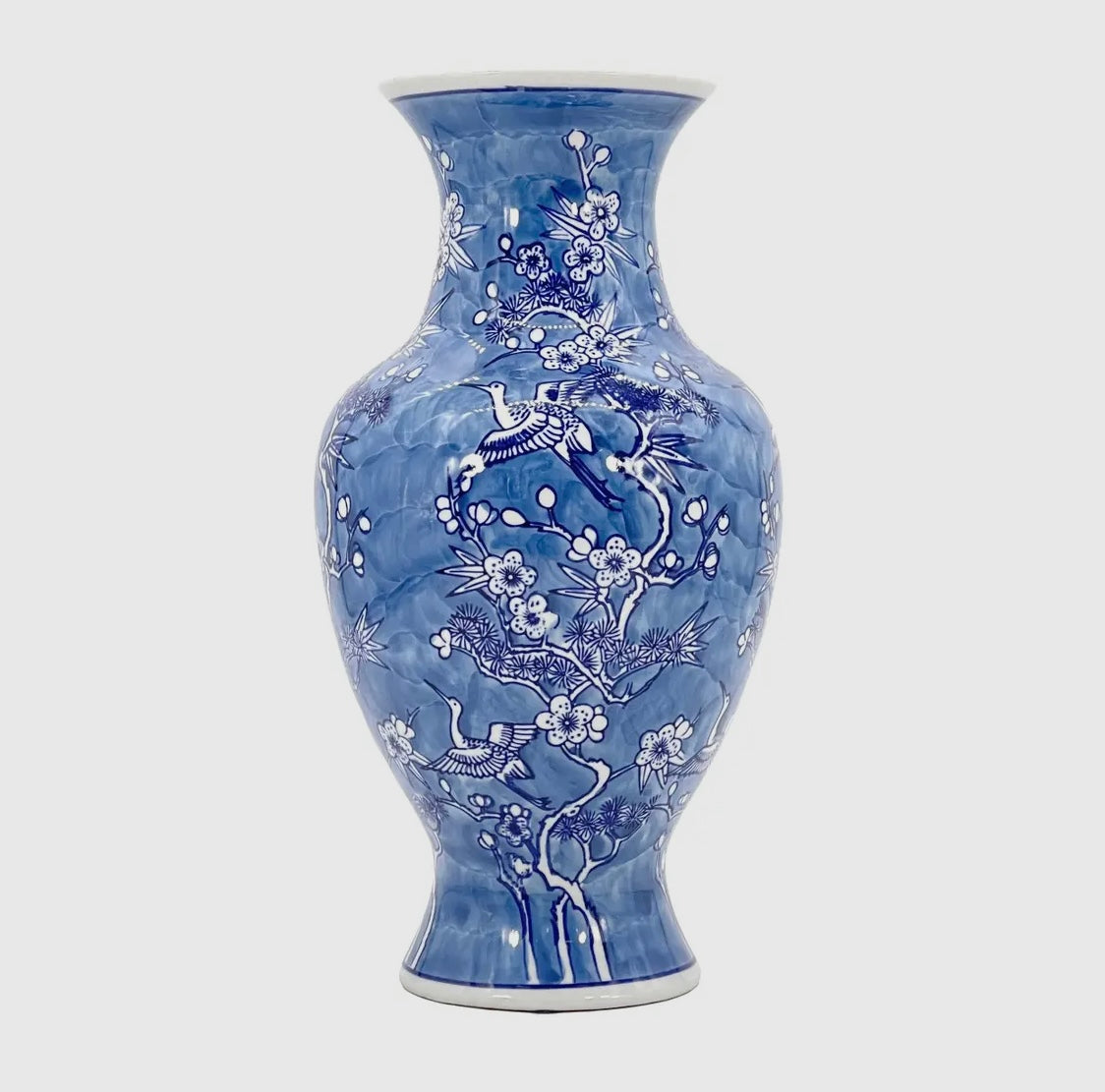 Blue & White 14” Crane & Flowers Chinoiserie Jar