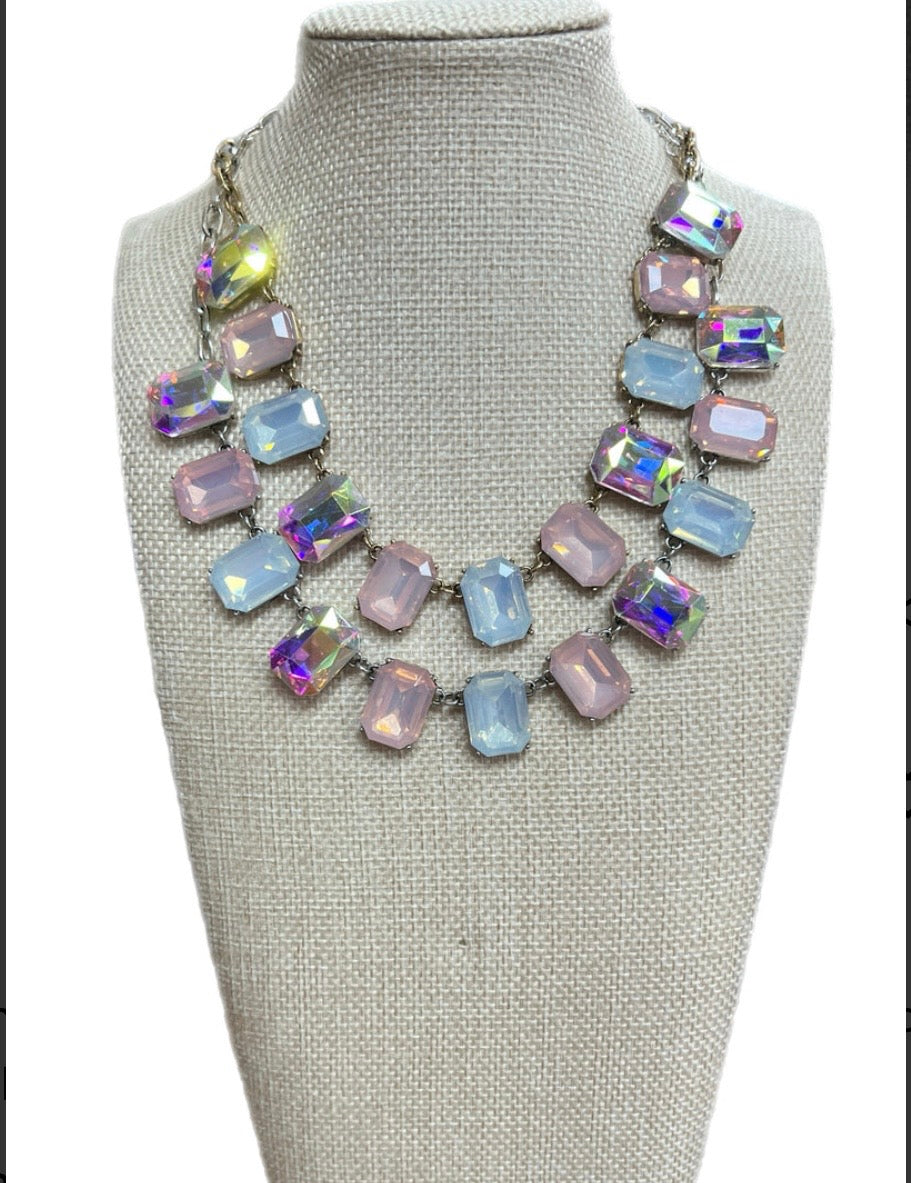 White & Pink Opal/AB Crystal Chain Necklace