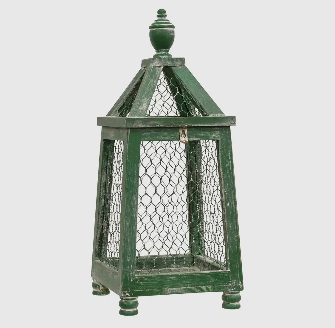 Distressed Green Chicken Wire Lantern