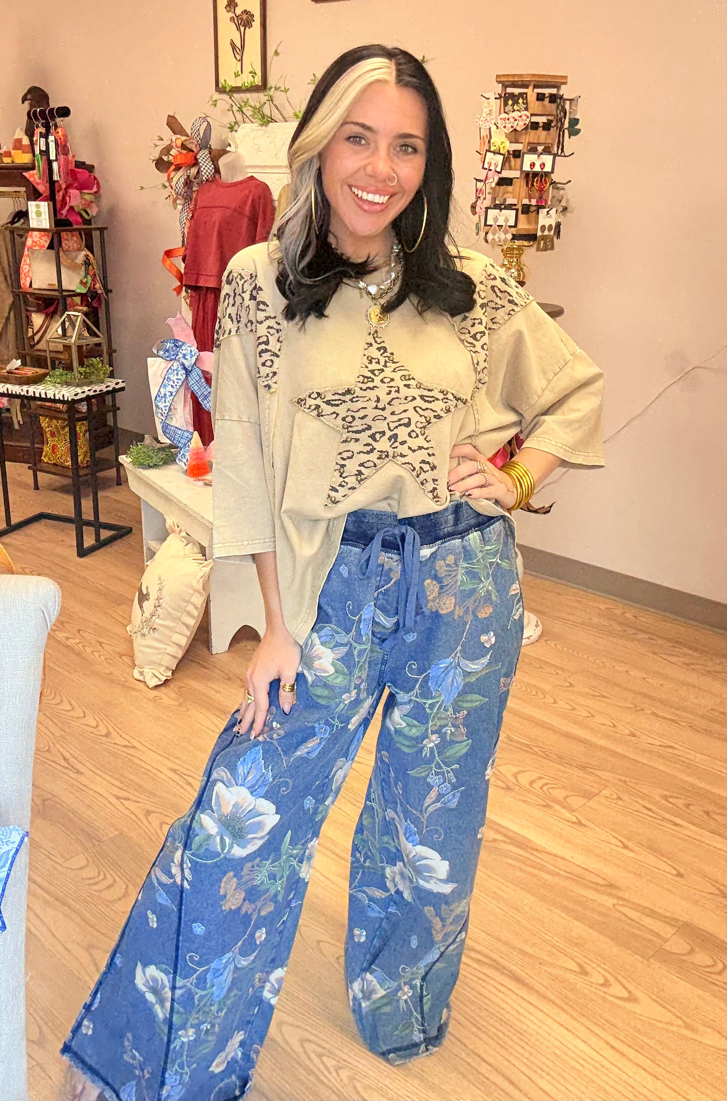 Floral Denim Drawstring Pants