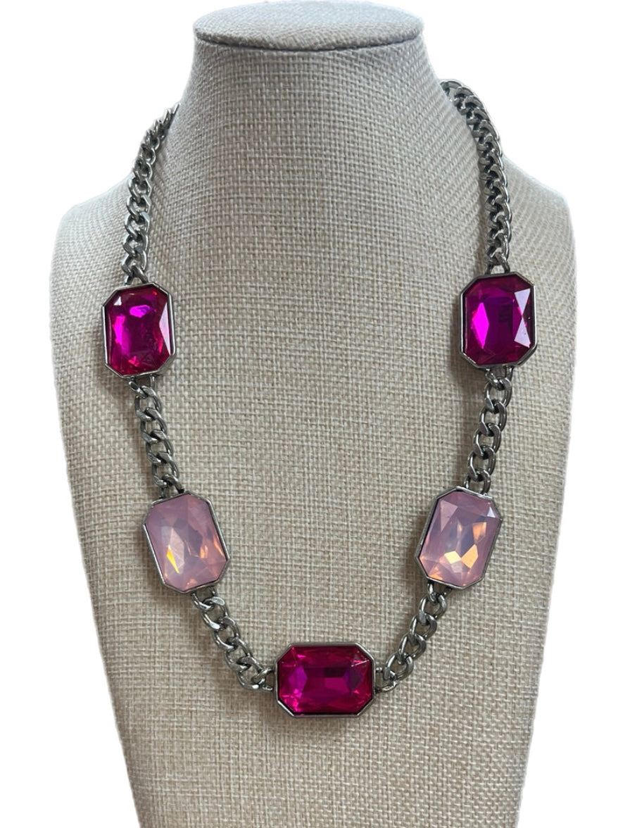 Pink Opal/Hot Pink Crystal Chain Necklace