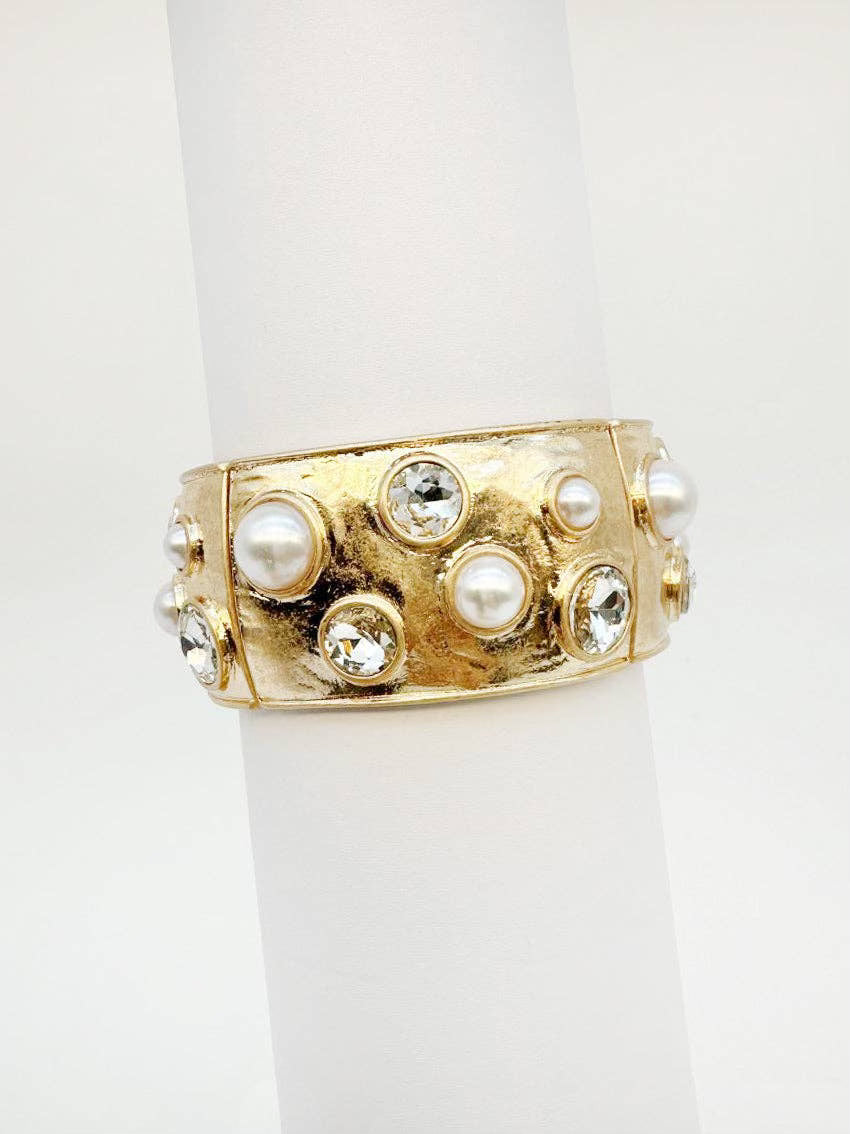 Gold Hammered Bangle Stretch Bracelet (Pearl or Black Crystal Option)
