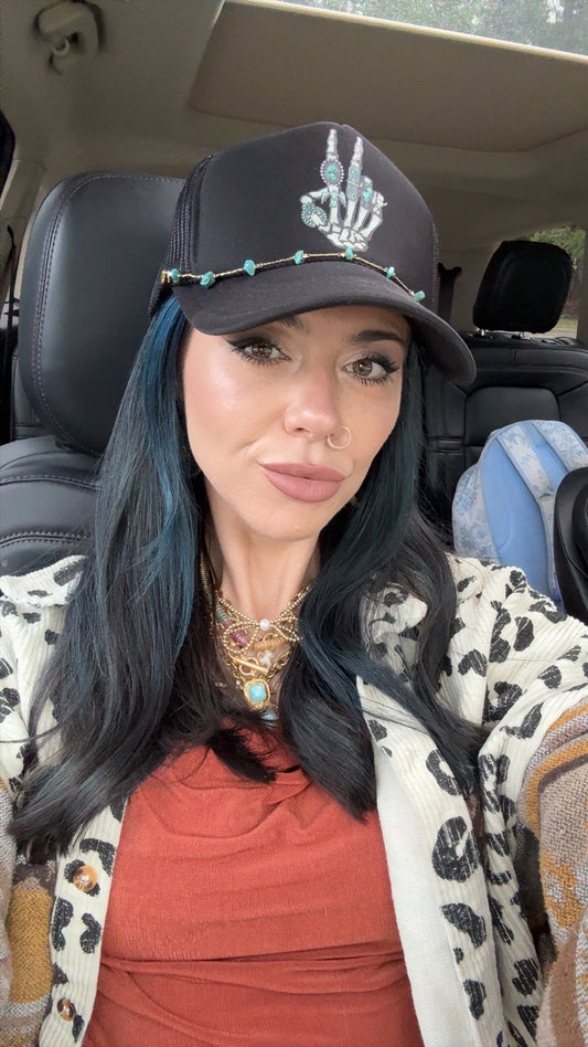 Turquoise Skelly Hand Peace Sign Trucker Hat