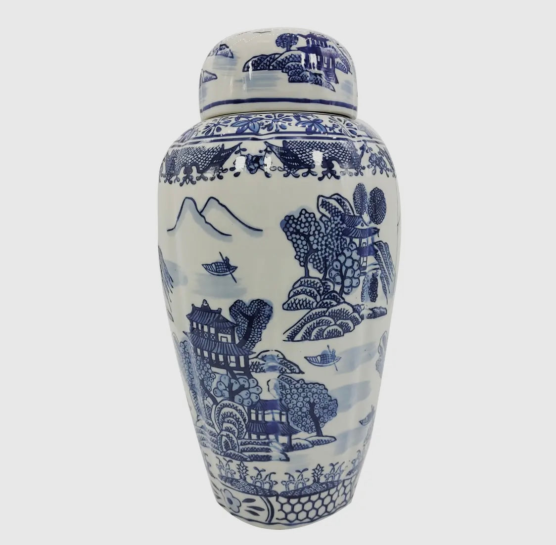 Blue & White 16” Chinoiserie Jar