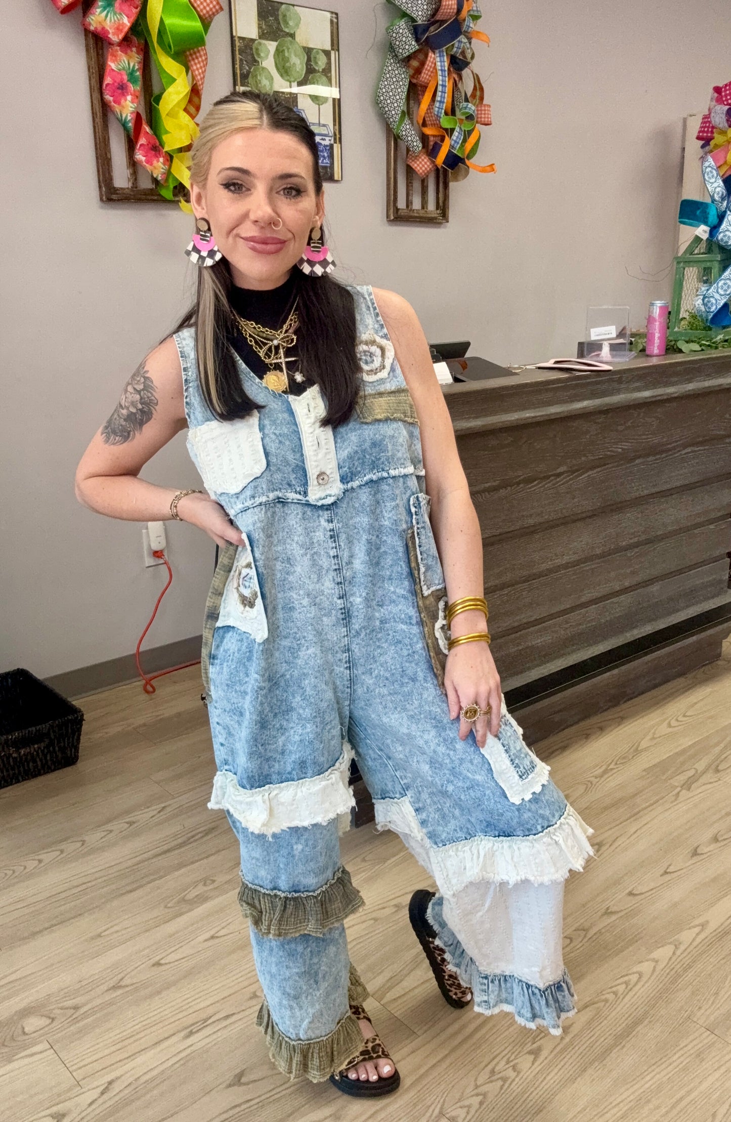 Vintage Charm Patchwork Denim Overalls