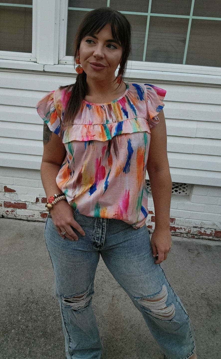 Paint Print Ruffle Top