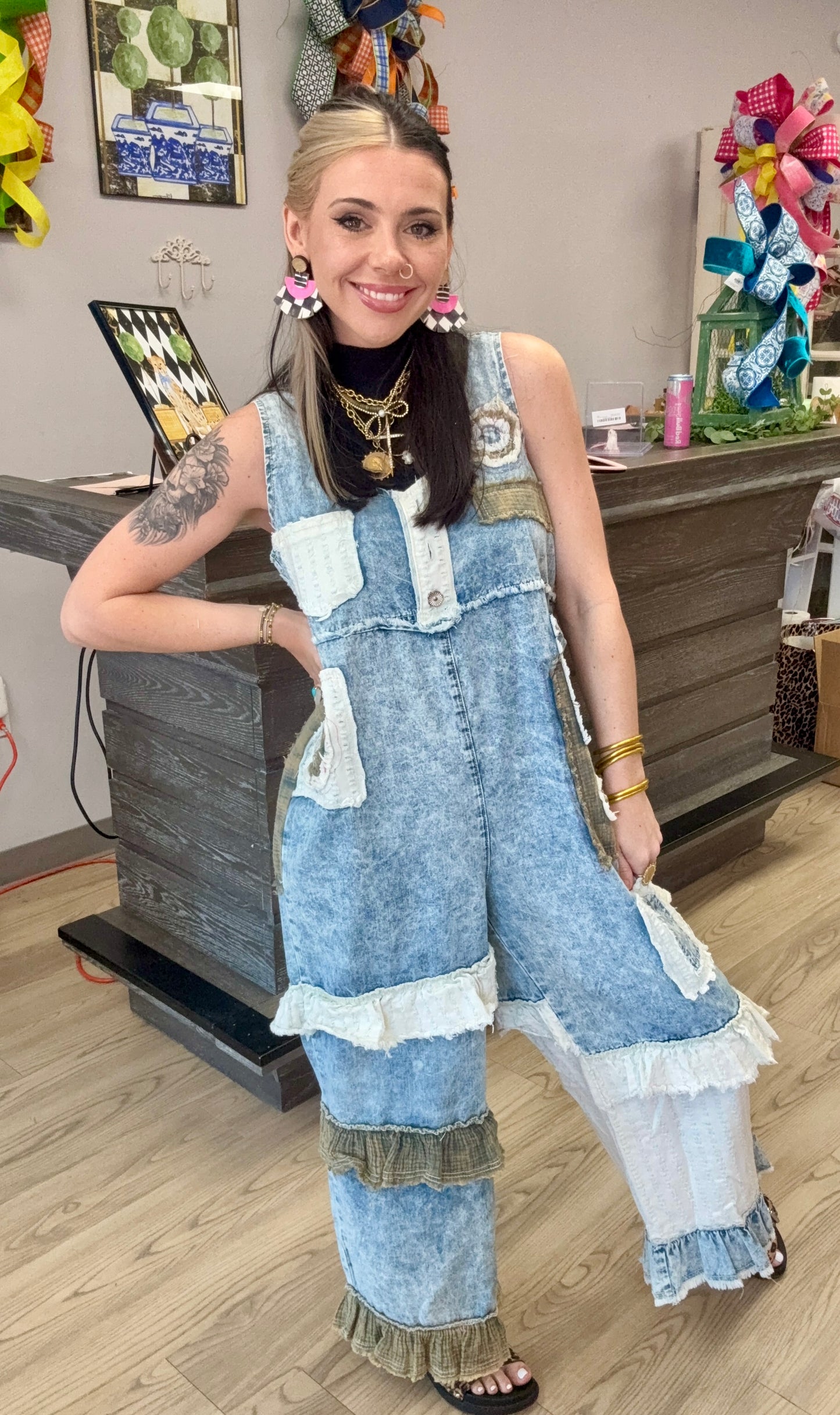 Vintage Charm Patchwork Denim Overalls
