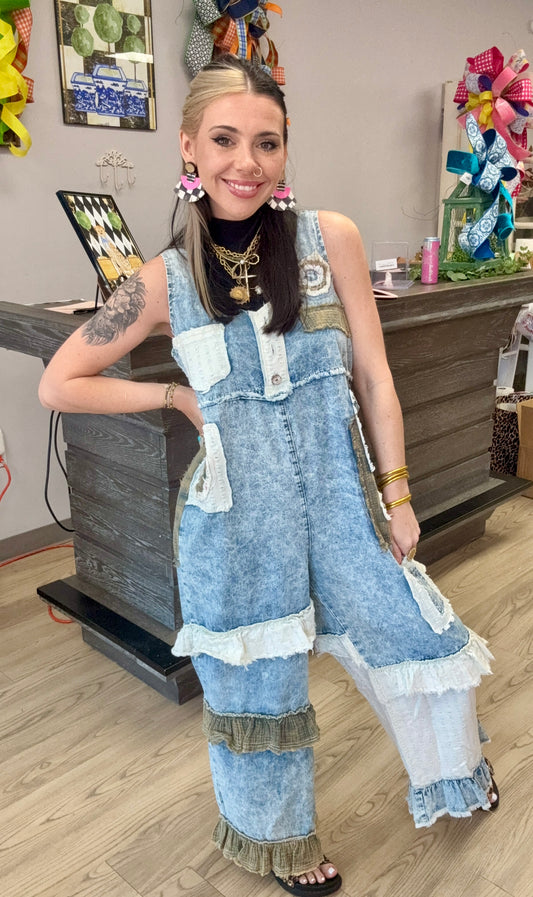 Vintage Charm Patchwork Denim Overalls