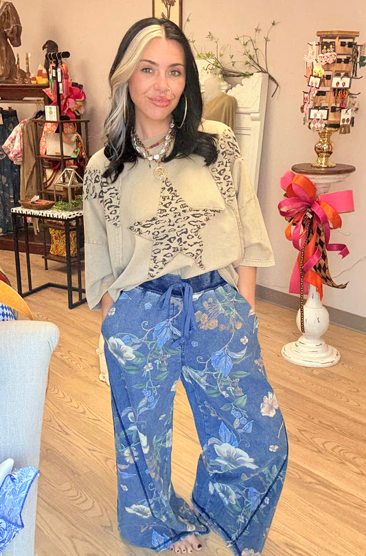 Floral Denim Drawstring Pants