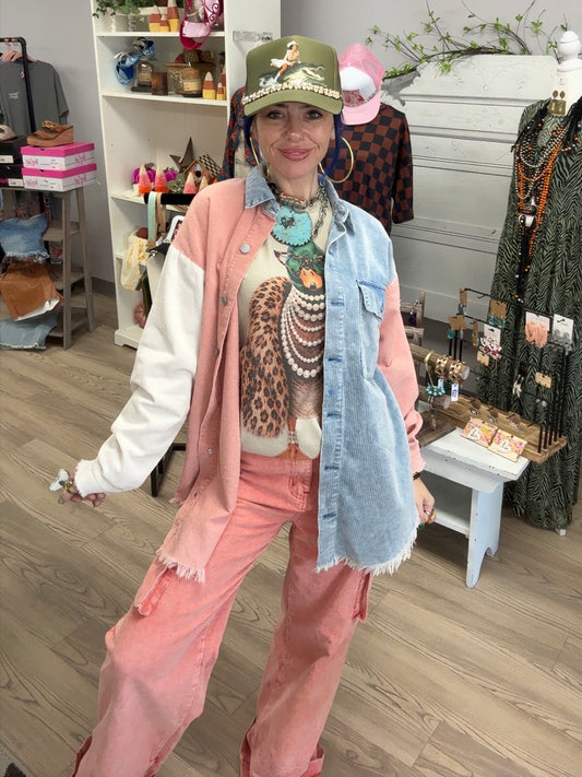 Pretty in Peach Color-block Button-Up