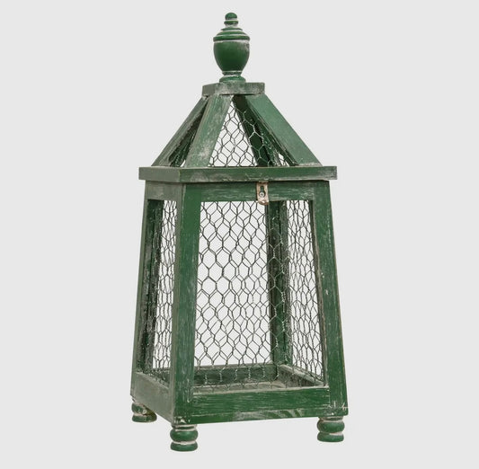 Distressed Green Chicken Wire Lantern