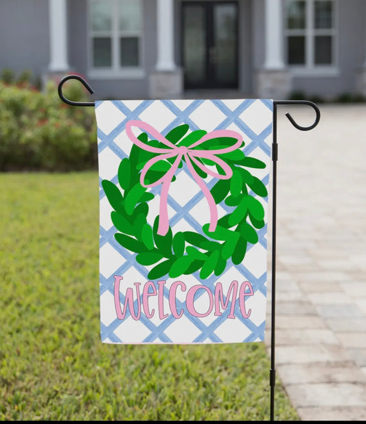 Double Sided, Blue Plaid Wreath Garden Flag