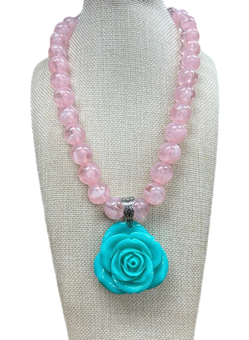 Turquoise Rose Pink Beaded Necklace