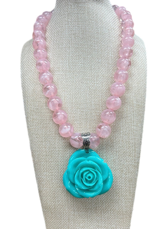 Turquoise Rose Pink Beaded Necklace