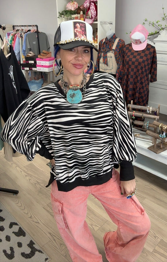 Wild Side Zebra Striped Oversized Pullover