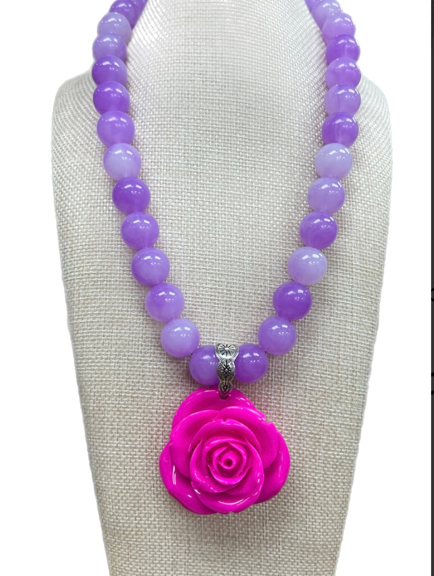 Pink Rose Purple Beaded Necklace