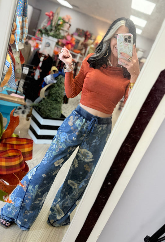 Floral Denim Drawstring Pants