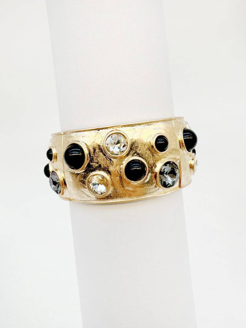 Gold Hammered Bangle Stretch Bracelet (Pearl or Black Crystal Option)