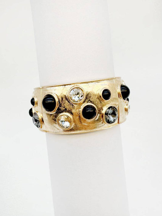 Gold Hammered Bangle Stretch Bracelet (Pearl or Black Crystal Option)