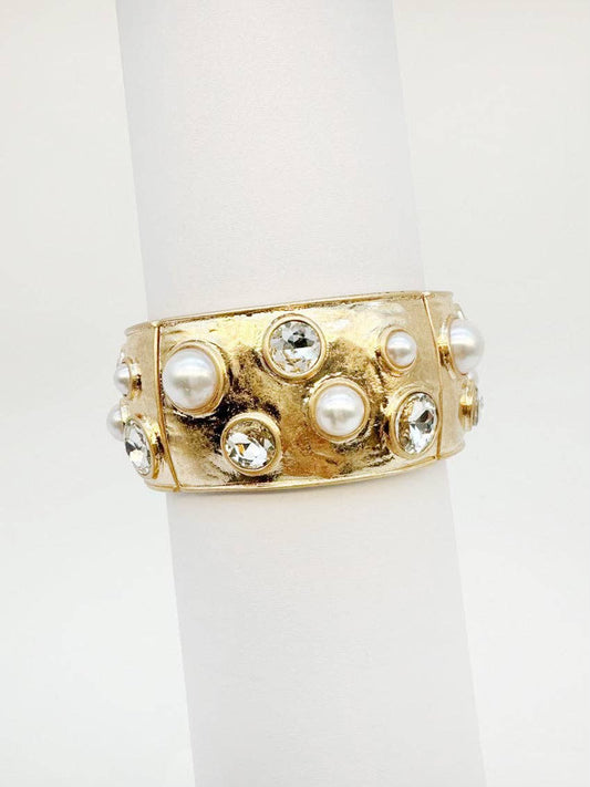 Gold Hammered Bangle Stretch Bracelet (Pearl or Black Crystal Option)