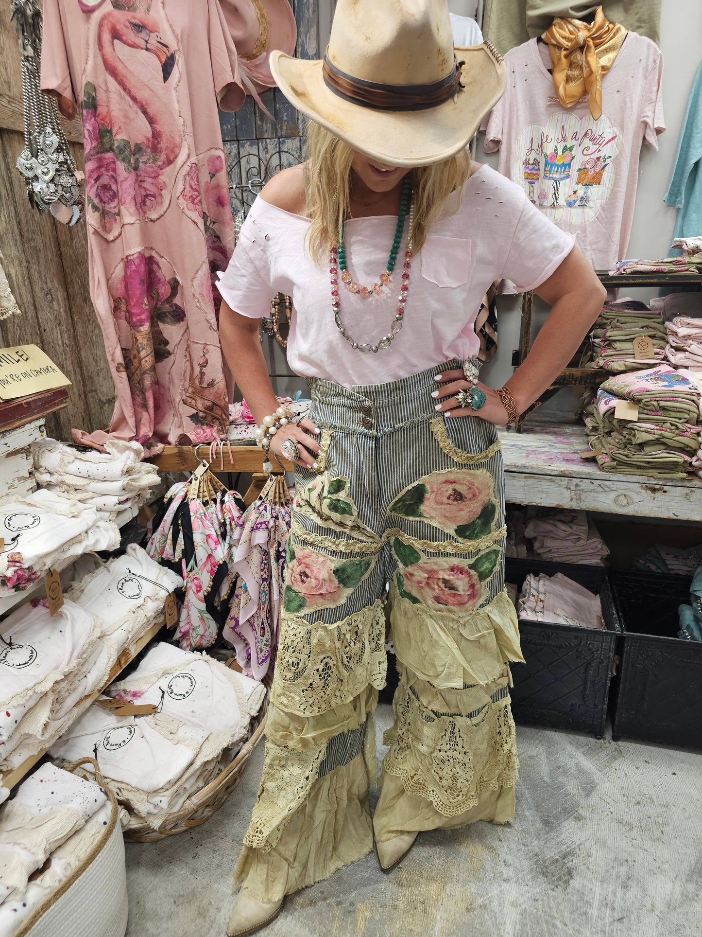 A Rare Bird Rose Ticking Pants