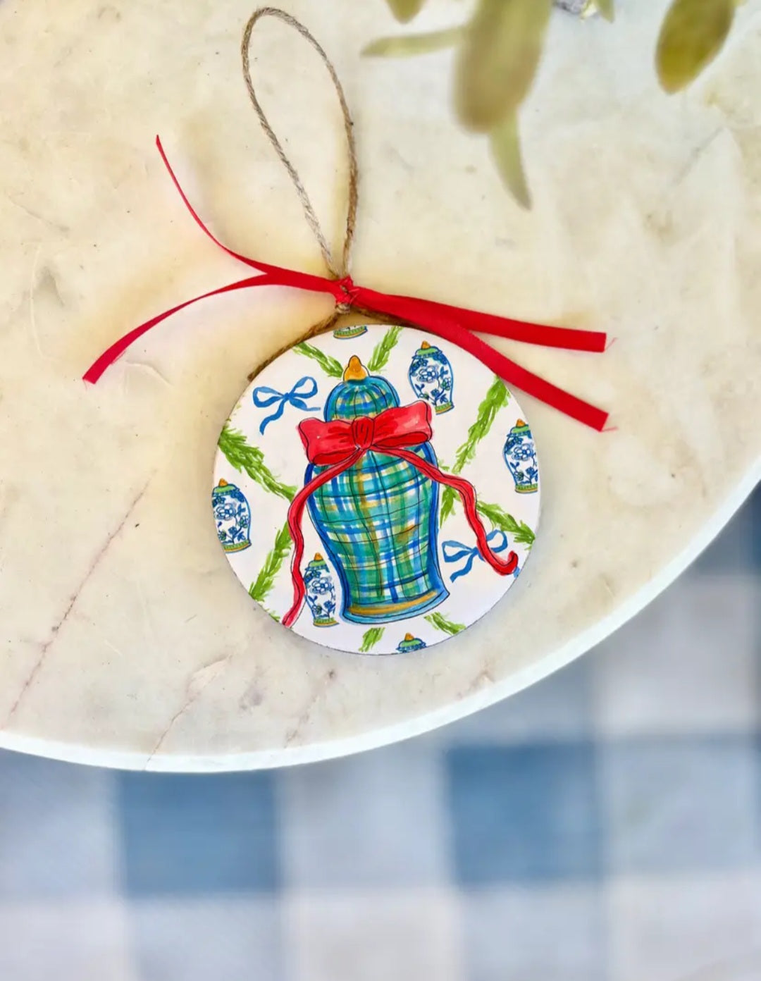 Blue & White Ginger Jar with Bow Christmas Ornament