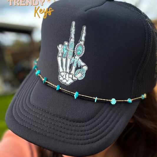 Turquoise Skelly Hand Peace Sign Trucker Hat