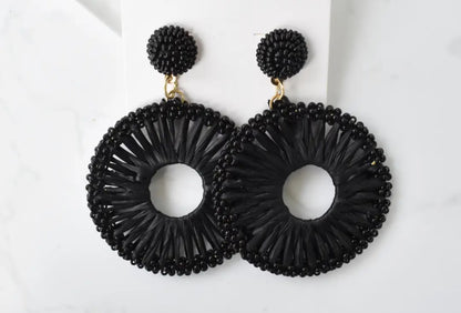 Black Beaded Raffia Circle Drops